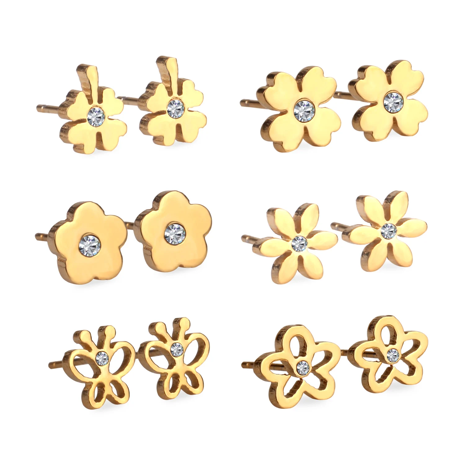 New 6Pairs Box Stainless Steel Mixed Stud font b Earrings b font with Crystal Cubic Zirconia