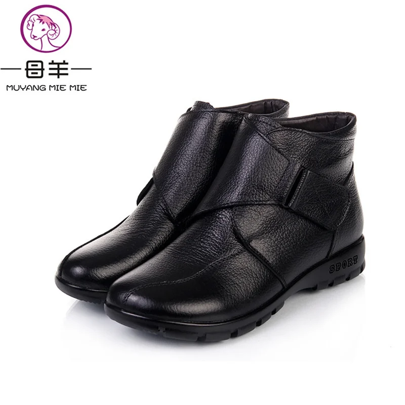 MUYANG MIE MIE Plus Size Winter Women Shoes Woman Genuine Leather Flat Ankle Boots Fashion Warm Snow Boots Women