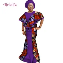 Fashion African Dresses for Women Ruffle Sleeve Mermaid Splice Long Dress Plus Size African Print Dress Women Clothing WY3136 trendy long sleeves voile splice mermaid dress for women