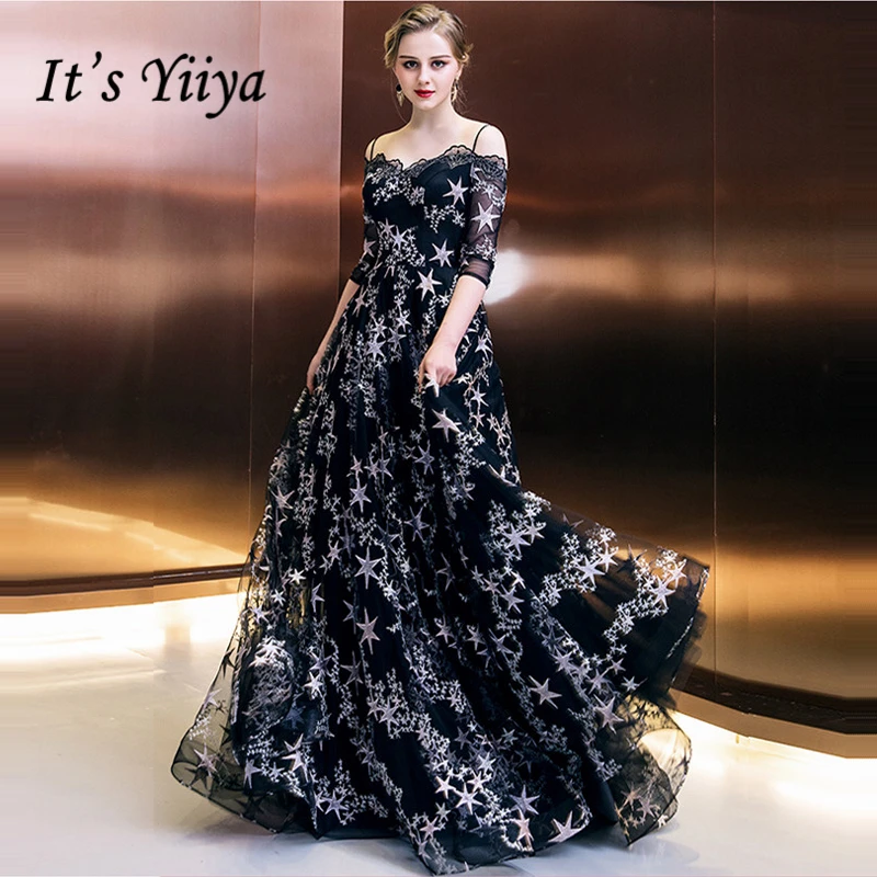 

It's Yiiya Formal Evening Dresses Boat Neck Half Sleeve Black Stars Prints Floor Length Fashion Designer Formal Dress LX993