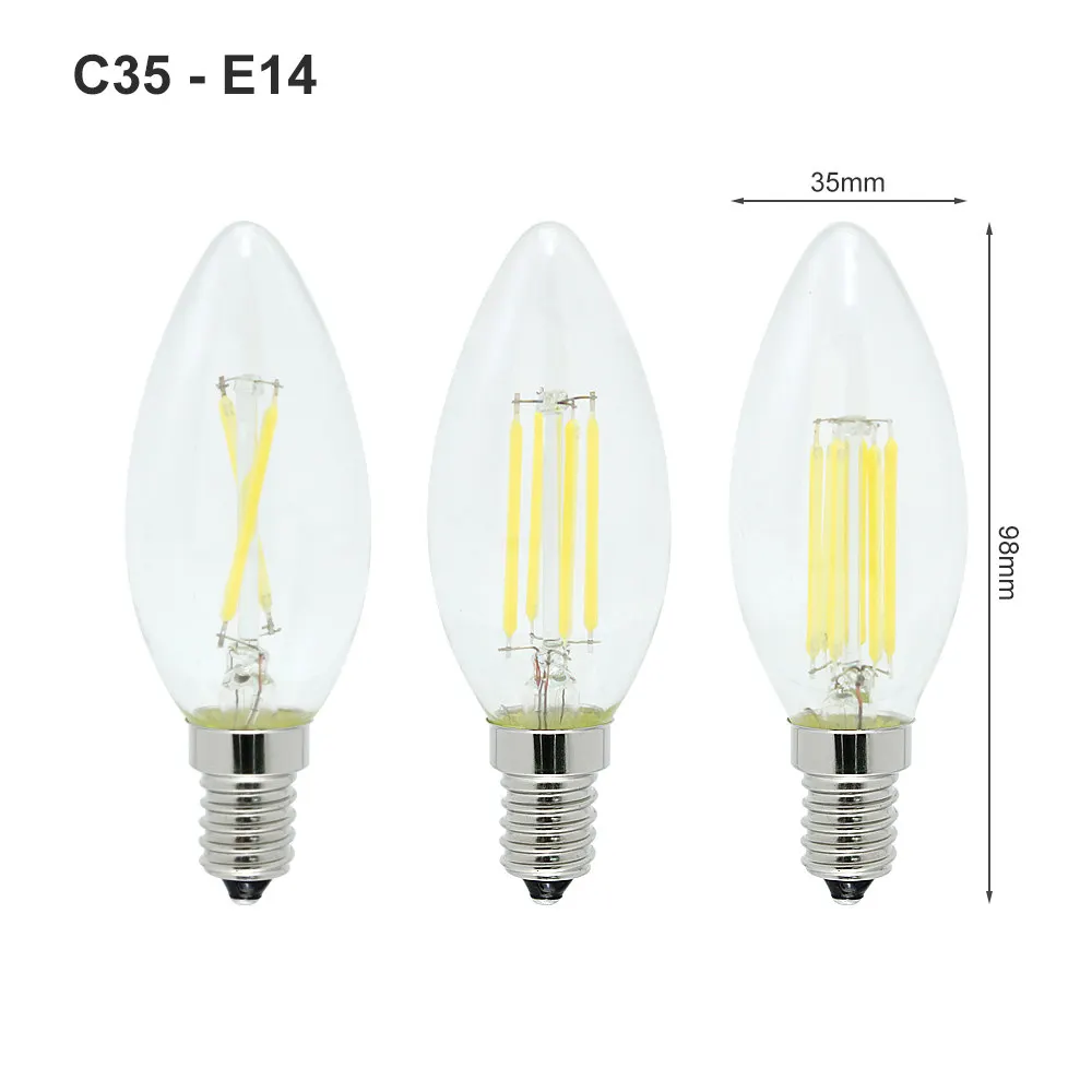 2 Вт, 4 Вт, 6 Вт, 8 Вт, E27, ретро стекло Эдисона, 220 В, лампа E14, светодиодный светильник с регулируемой яркостью, заменяет галогенный светильник в форме свечи, люстры