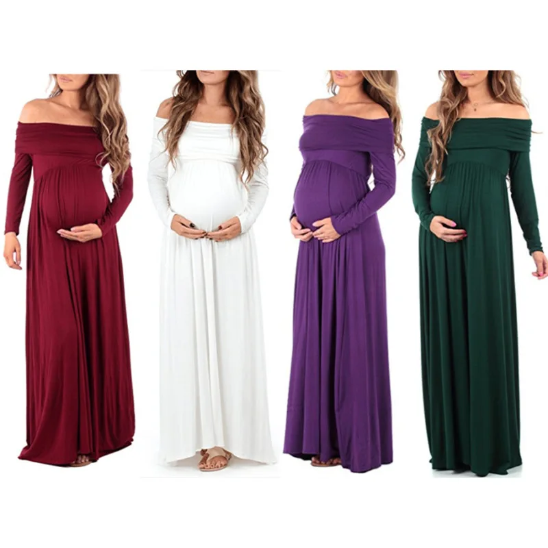 

Fashion 2019 Pregnant Long Dress Women Casual Long Sleeve Shoulderless Out Evening Party Long Maxi Maternal Pregnancy Dresses