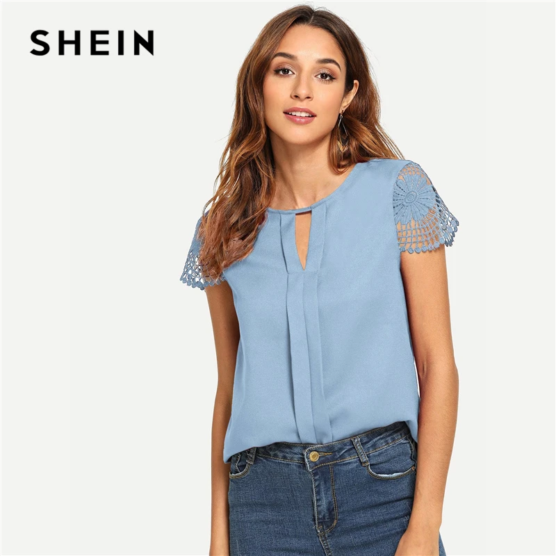 

SHEIN Blue V-cut Neck Lace Hollow out Short Sleeve Keyhole Back Blouse Women Summer Elegant Workwear Top Office Lady Blouses
