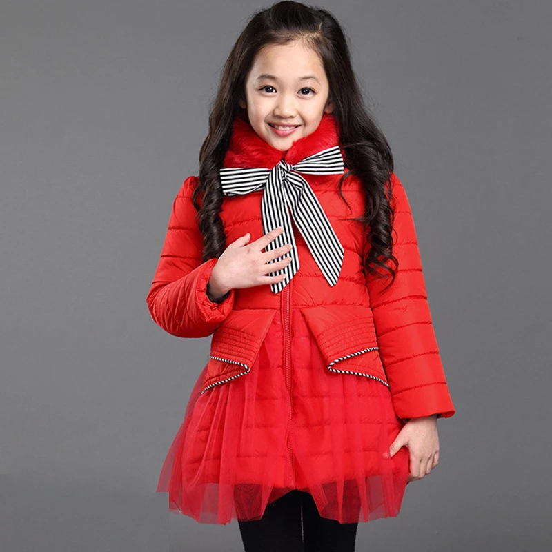

ins hot girls winter parkas 4-13 years old Mesh stitching hem color stripe bow girls down Hot in Europe and America 3 color