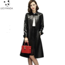 Новая мода, осенне-зимний длинный кожаный Тренч, женское тонкое пальто, верхняя одежда из овчины, натуральная кожа, ветровка