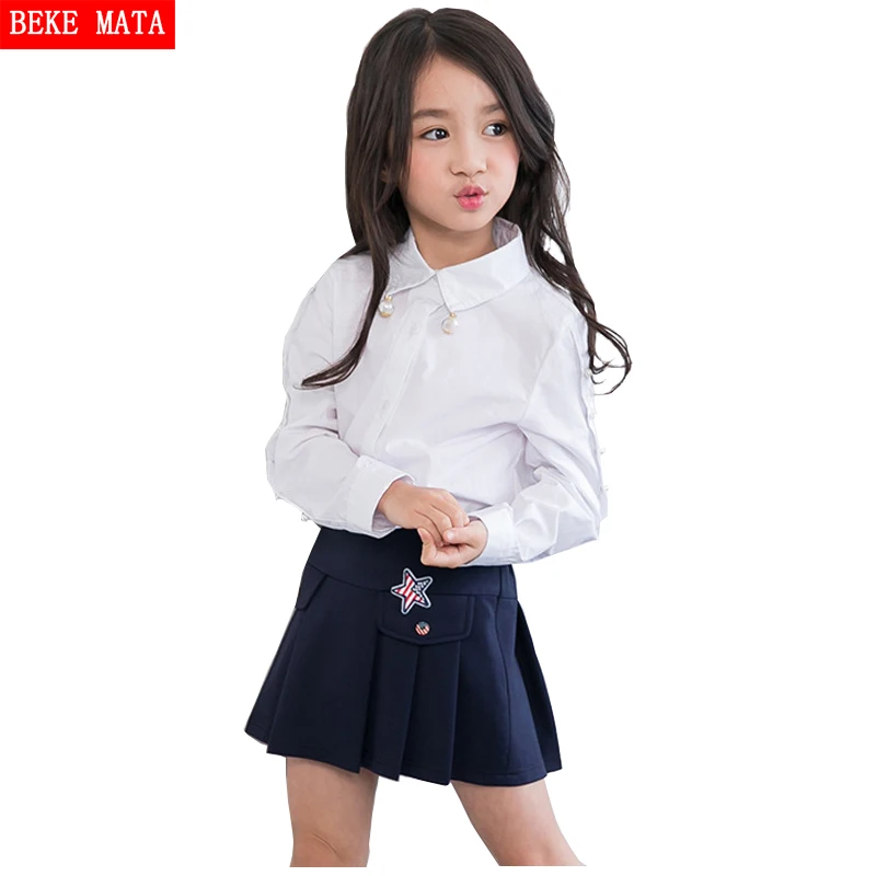 Белые школьные блузки для девочек; коллекция года; сезон осень; детские блузки с длинными рукавами для девочек; детская блузка для девочек; однотонные Блузы с жемчужинами для девочек; топы