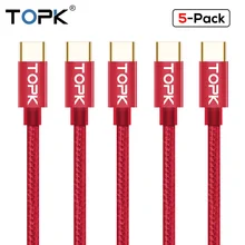 Кабель TOPK usb type-C с нейлоновой оплеткой для синхронизации данных и USB-C, зарядный кабель для samsung Galaxy S9 S8 XiaoMi 8 5X, кабель для мобильного телефона, 5 шт. в упаковке