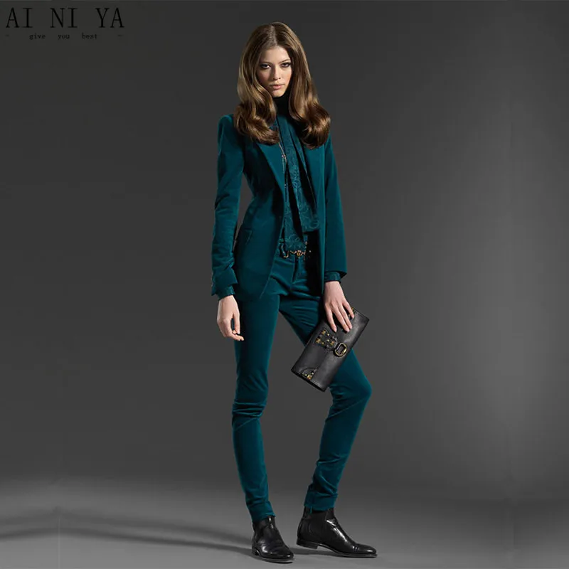 Dark Green 2 piece set women velvet female business suit blazer with pant slim fit ladies office uniform formal trouser suit