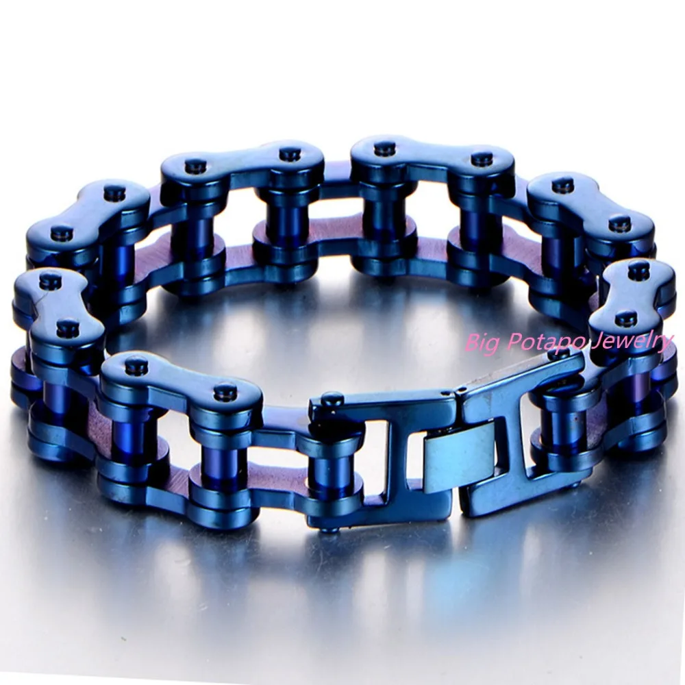 19MM Wide Blue Stainless Steel Bracelet Men Biker Bicycle Motorcycle