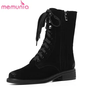 

MEMUNIA 2020 top quality genuine leather boots women zip +lace up ankle boots fashion punk boots comfortable autumn shoes