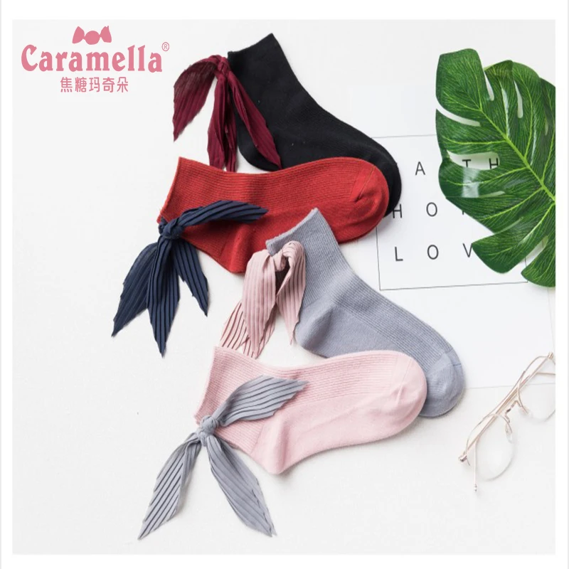 Женские атласные носки Caramella короткие мягкие хлопковые с большим бантом Забавные