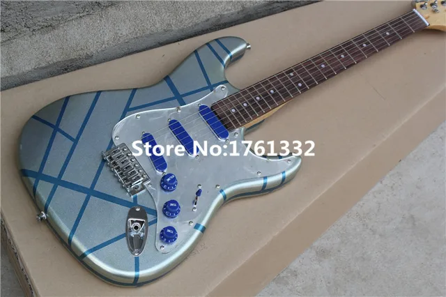 factory custom silver body blue line electric guitar with pentagram