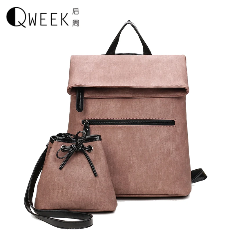 

QWEEK 2 PCS/SET Women Backpack PU Leather Backpack Women 2017 School Bags For Teenagers Famous Brand Black Femal Mochila Escolar