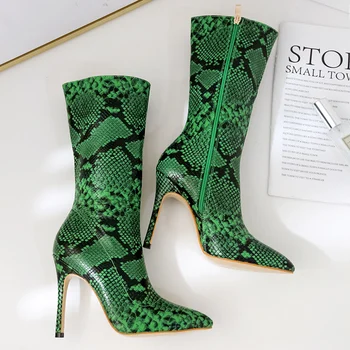 

2019 Autumn Women Green Snakeskin Mid Calf Boots Thin High Heels Pointed Toe Leather Serpentine Boots Designer Winter Zip Boots