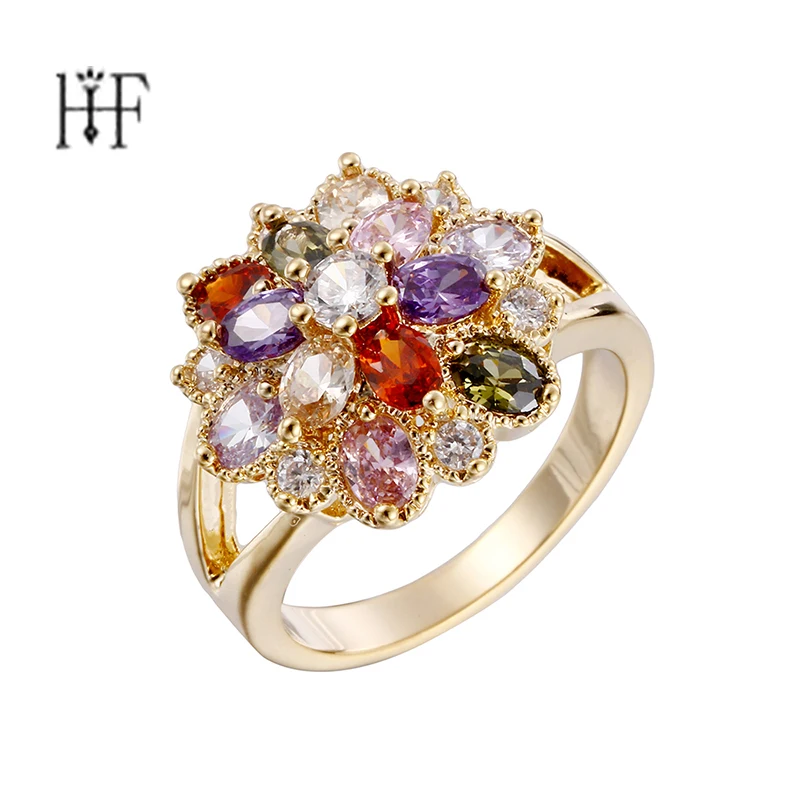

Luxury High Quality Multicolor Cubic Zircon Flower Ring Rose Gold/Silver Color Women Wedding Engagement Rings Fashion Jewelry