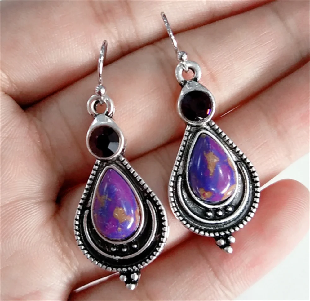 

Elegant Vintage Silver 1Pair Of Earrings Women Female Girls Purple Crystal Stone Big Wedding Party Earrings