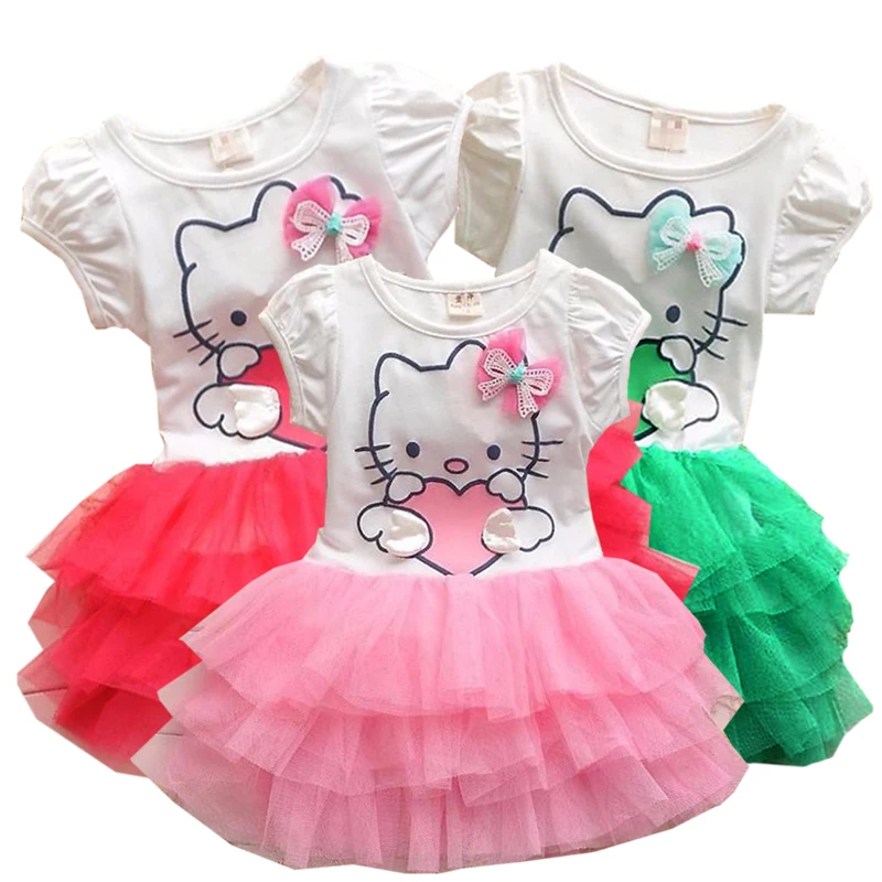 

Kid girl clothes dress love heart KT cat cartoon print Layered fashion Mesh yarn dress fashion canonicals1-4 y Children's wear