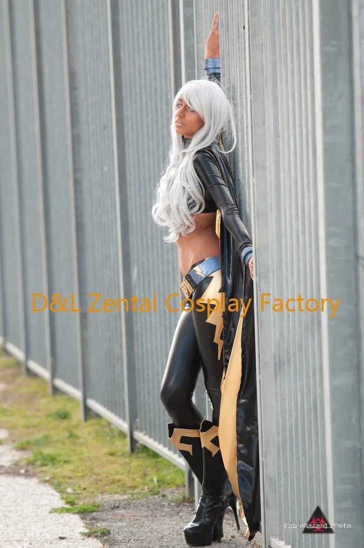 Free Shipping DHL X- Men Storm Ororo Munroe Superhero Costume Black Shiny Metallic Suit Halloween Cosplay Costume XM110 (3)