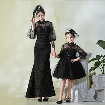 

2019 Mommy And Me Matching Mother Daughter Dresses Black Fashion Dot Tulle Mom And Daughter Dress Kids Parent Child Outfits