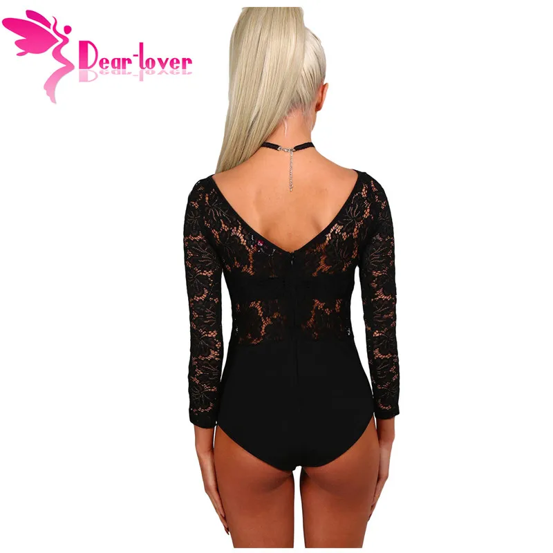 Dear Lover Bodysuit Women Elegant Romper Autumn Black Lace Lattice Long Sleeve Bodycon Playsuit Body Femme Club Jumpsuit LC32092