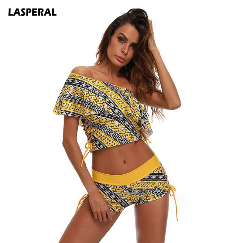 

LASPERAL Women Sexy Bikini Set 2017 Retro Print One Shoulder Ruffle Swimwear Push Up Swimsuit Crop Top+Briefs Brazilian Biquinis