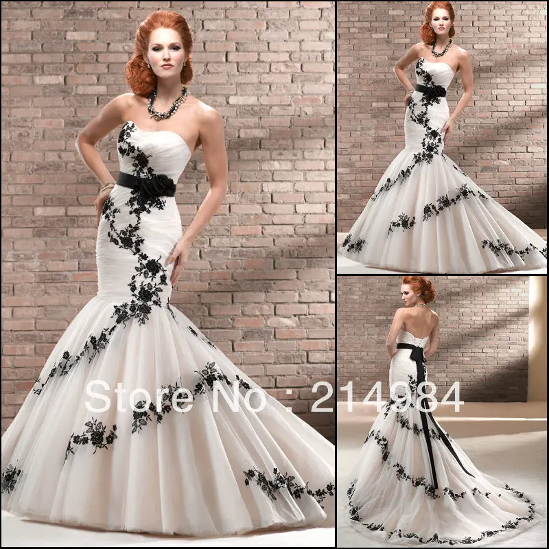 Custom Make Sexy Strapless Open Back Appliqued Hem Mermaid Wedding Dresses Gown With Black Sash | Свадьбы и торжества