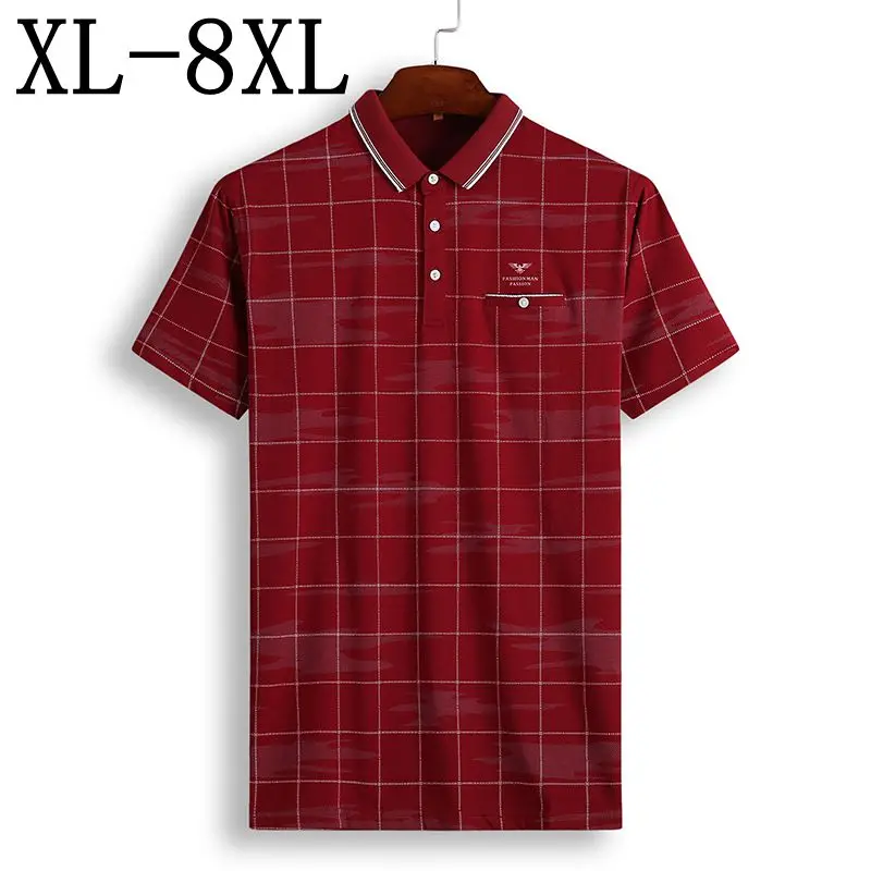 Новинка, летняя деловая Мужская рубашка поло с коротким рукавом, клетчатая рубашка-поло, Мужская Высококачественная брендовая рубашка поло размера плюс 6XL 7XL 8XL