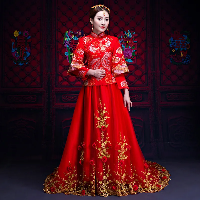 Модные красные Для женщин феникс вышивка Cheongsam Длинные Qipao Китайский традиционный свадебное платье Oriental Стиль платья