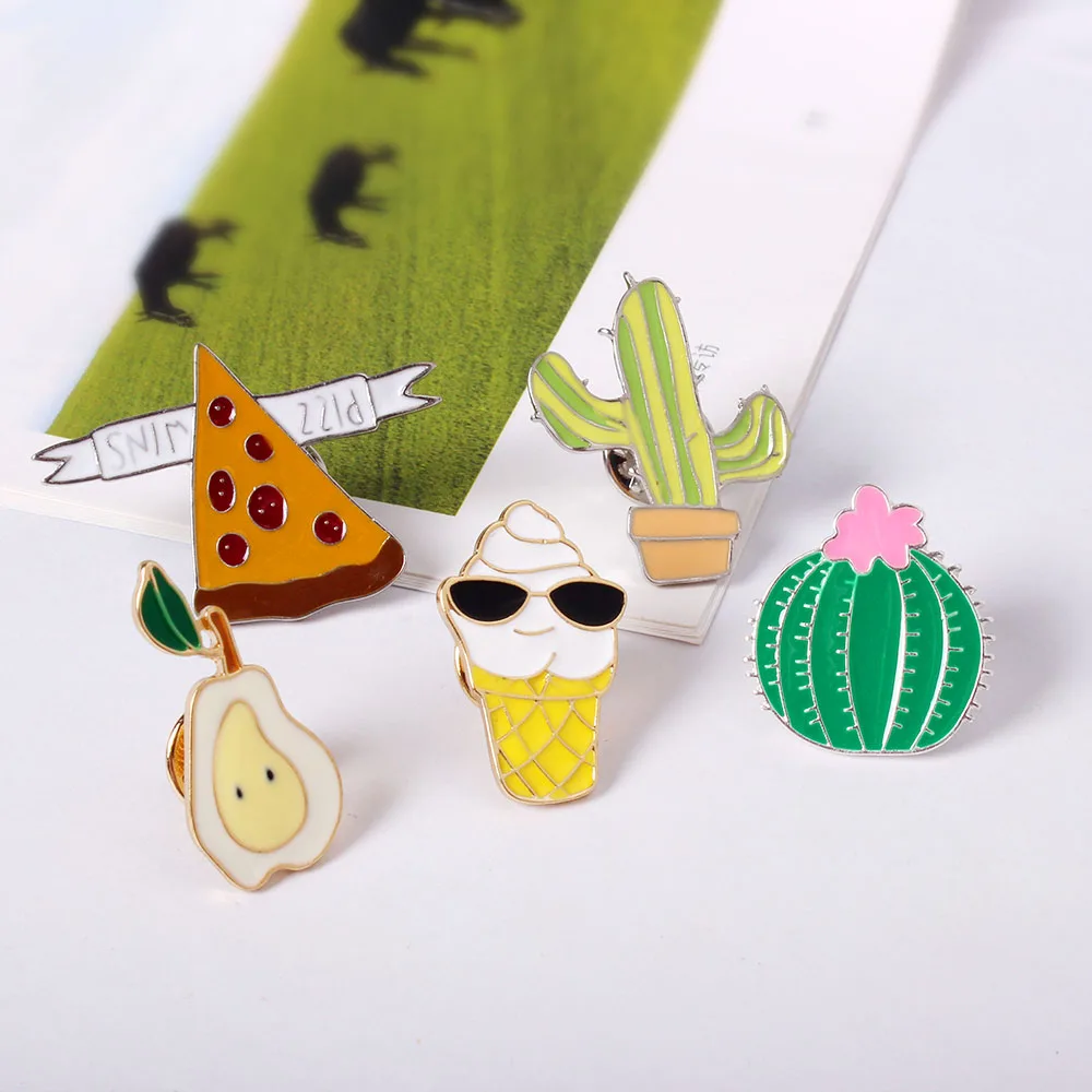 

Free Shipping Cartoon Mexican Cactus Pear Pizza Ice Cream Metal Brooch Pins Button Pins Jeans Clothes Decoration For Girl Gift