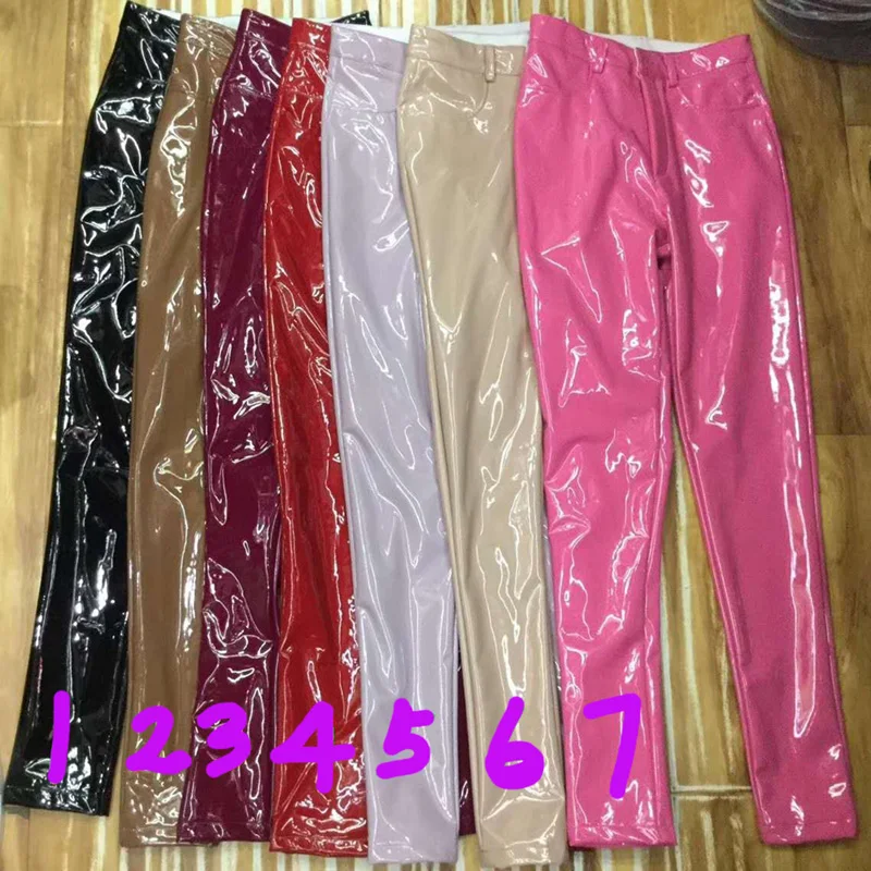 Новые эластичные штаны из искусственной кожи с высокой талией, черные, красные, коричневые, розовые леггинсы, женские блестящие узкие эластичные брюки, кальсоны, брюки-карандаш