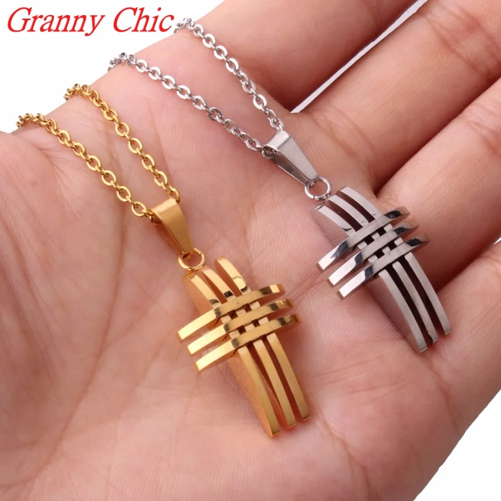 

Granny Chic Gold-color or Silver Cross Cut Necklace 316L Stainless Steel Pendant With Chain 60cm Men Women Necklace Best Gift