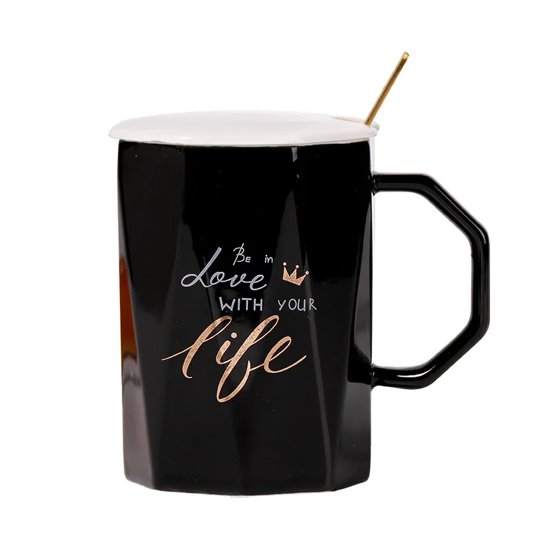 

Creative black and white ceramic mug,fashion gold Drinkware geometric simple with lid metal spoon mug office coffee cup 400ml