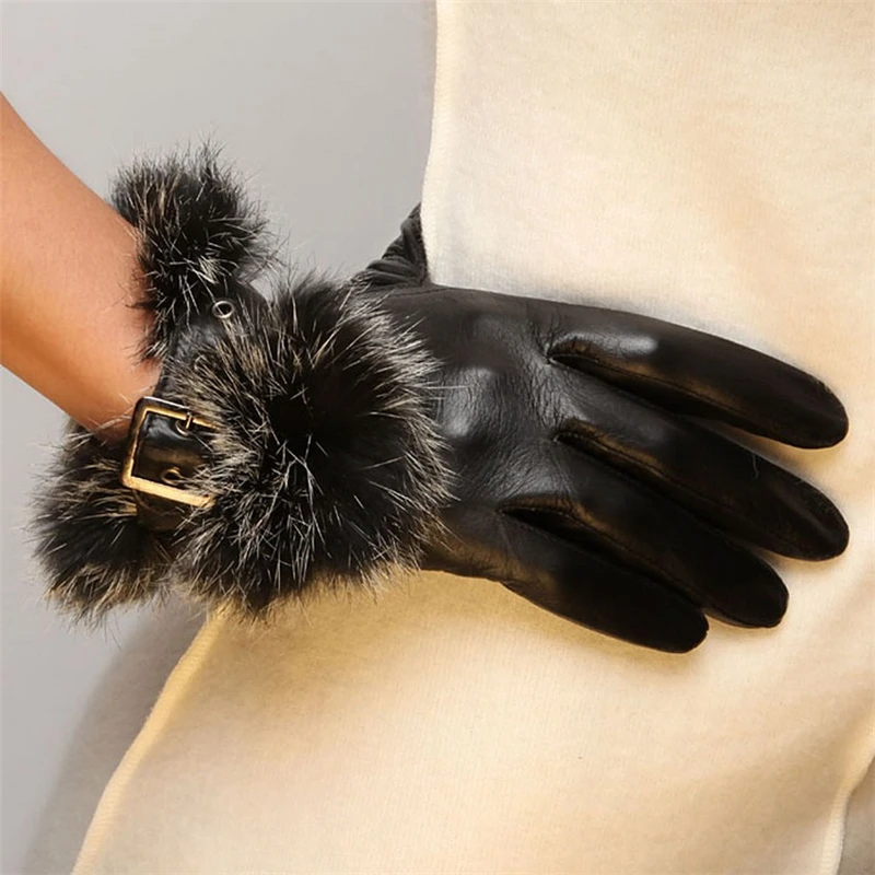 HOT Sale Fashion Women Sheepskin Gloves Wrist Rabbit Hair Genuine Leather Five Finger Elegant Lady Driving Glove L057PN