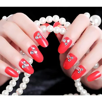 

24pcs Bridal Wedding Shining Rhinestone Artificial Nail Full Cover Nail Art Tips with Glue Ladies Red Color Long Size False Nail