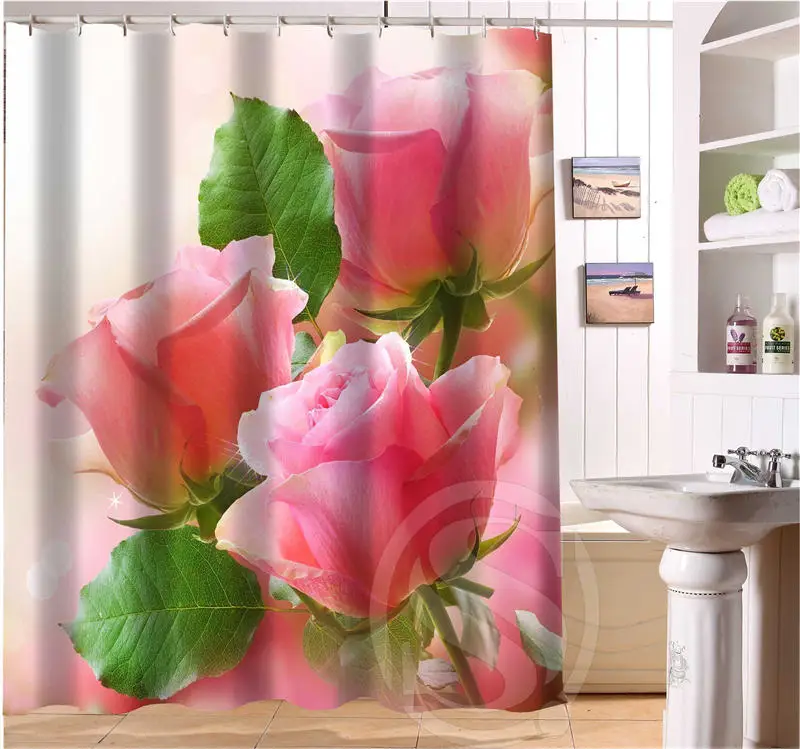 European Style Custom Romantic Pink Roses Shower Curtain Polyester