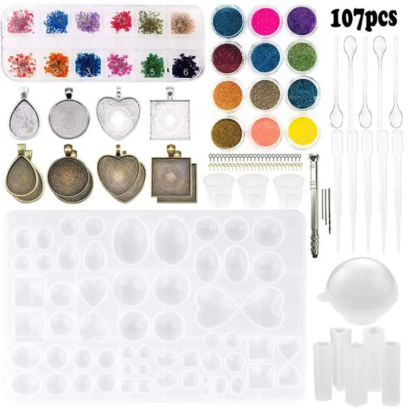 

107pcs Silicone Resin Jewelry Casting Mold DIY Pendant Tools Set Beginners Kit DIY Accessories Necklace Bracelet Jewelry Making