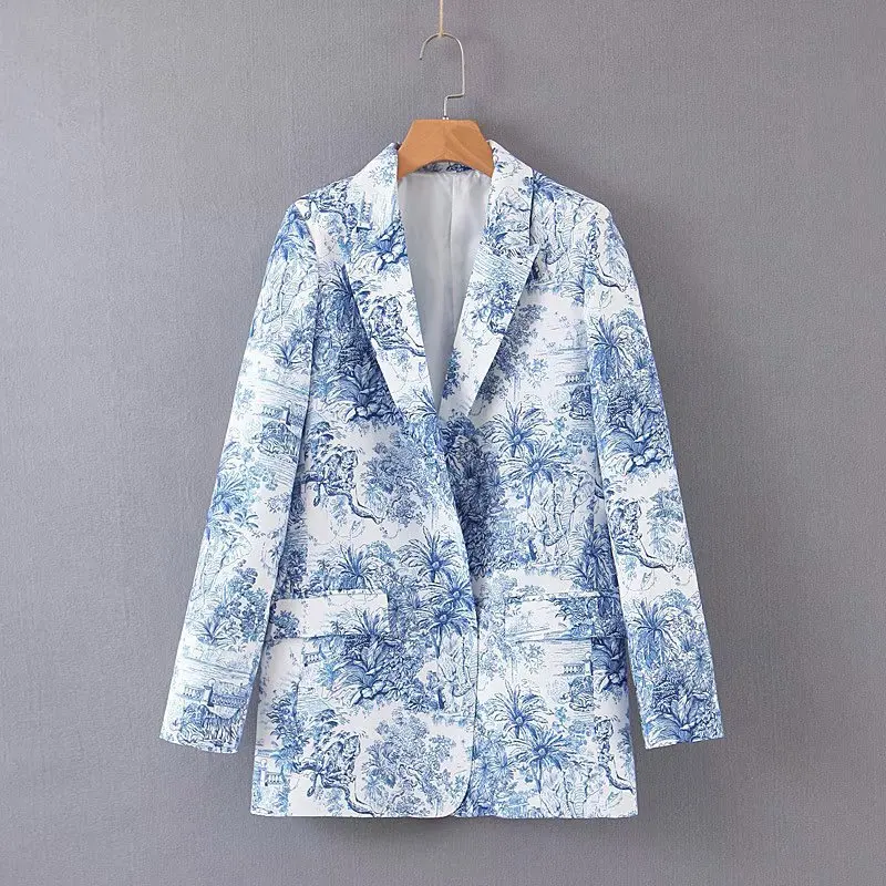 2019 Autumn Vintage Print Women's Jacket Blazer Long Sleeve Pockets Suit Coat Female Outerwear Office Ladies Blazers Tops Mujer