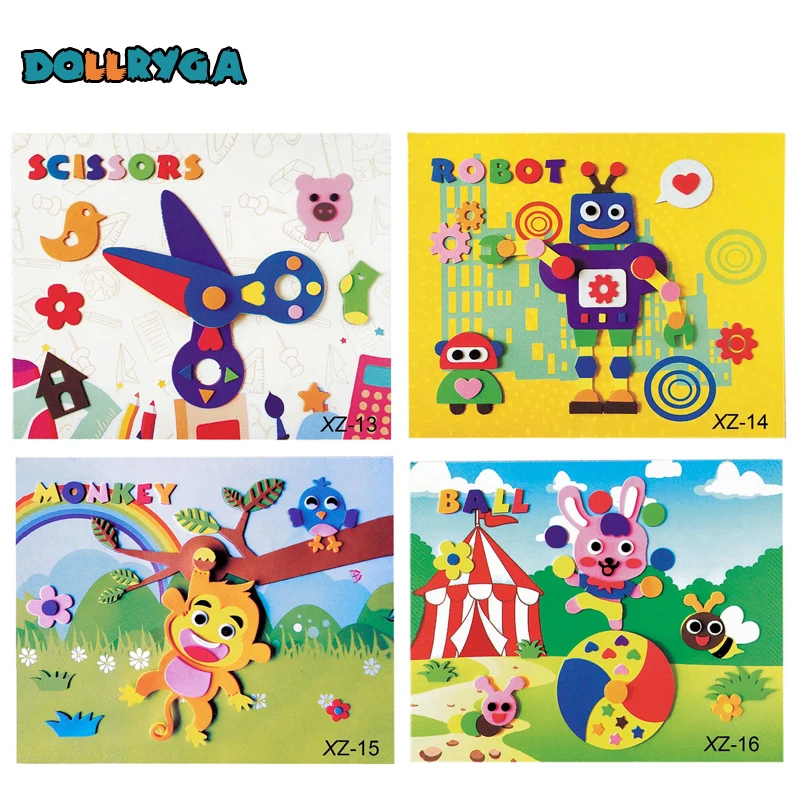 4 sets DIY Applique Kids Rotating Sticker Handmade Non-woven Cloth Cartoon Animal Rotating Painting Art CraftGift Soft EVA Toys 