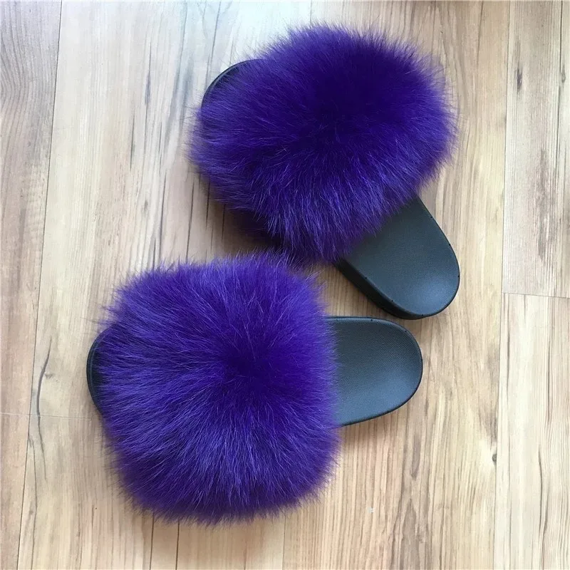 Fluffy Slippers Real Fox Fur Slides Indoor Flip Flops Casual High Recommend Raccoon Fur Sandals Vogue Plush Shoes - Color: pink colour