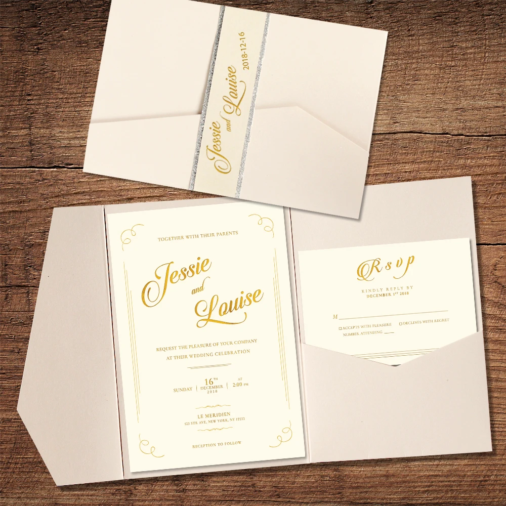  Ivory White Pocket Wedding Invitation Customized Invitation Cards with Silver Liner - Set of 50 pcs - 32876116854
