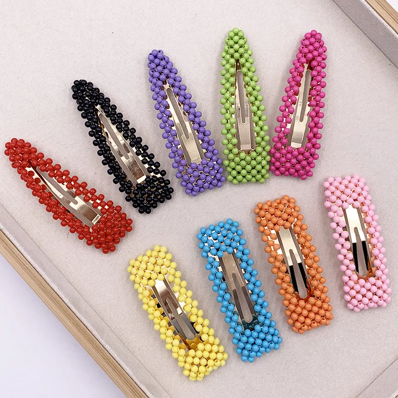 

Korea Summer Candy Color Hollow Rectangle Waterdrop Hair Clips Imitation Pearl Hairpins For Women Handmade Hair Accessories A36