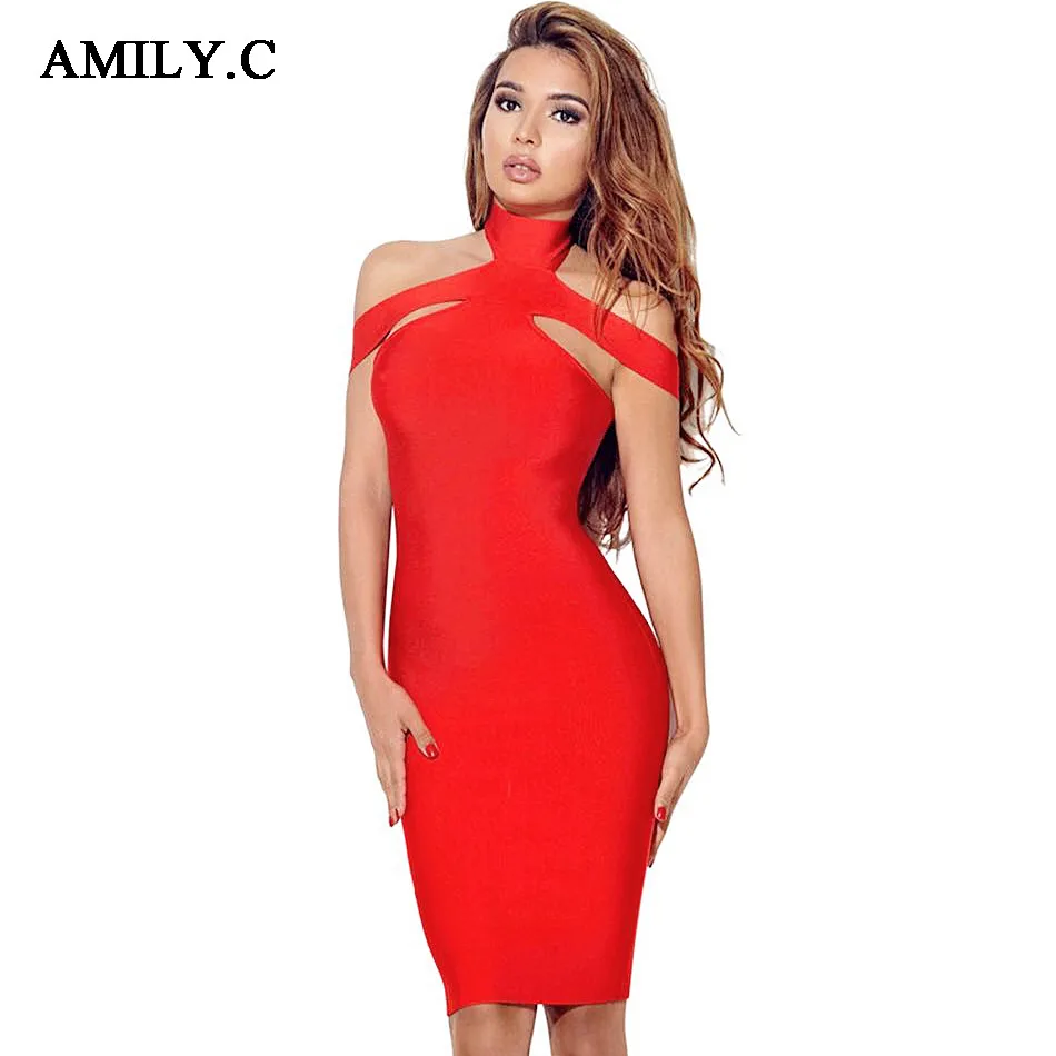 

Amily.c 2018 New Spring Women Bandage Dress Turtleneck Sexy Bodycon Dress Celebrity Party Black Red Dresses Wholesale Vestidos