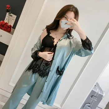 

Ladies Sexy Silk Satin Pajama Set Lace Pijama Set 3 Pieces V-neck Pyjama Set Autumn Spring Sleepwear Set Fashion Home Wear Women