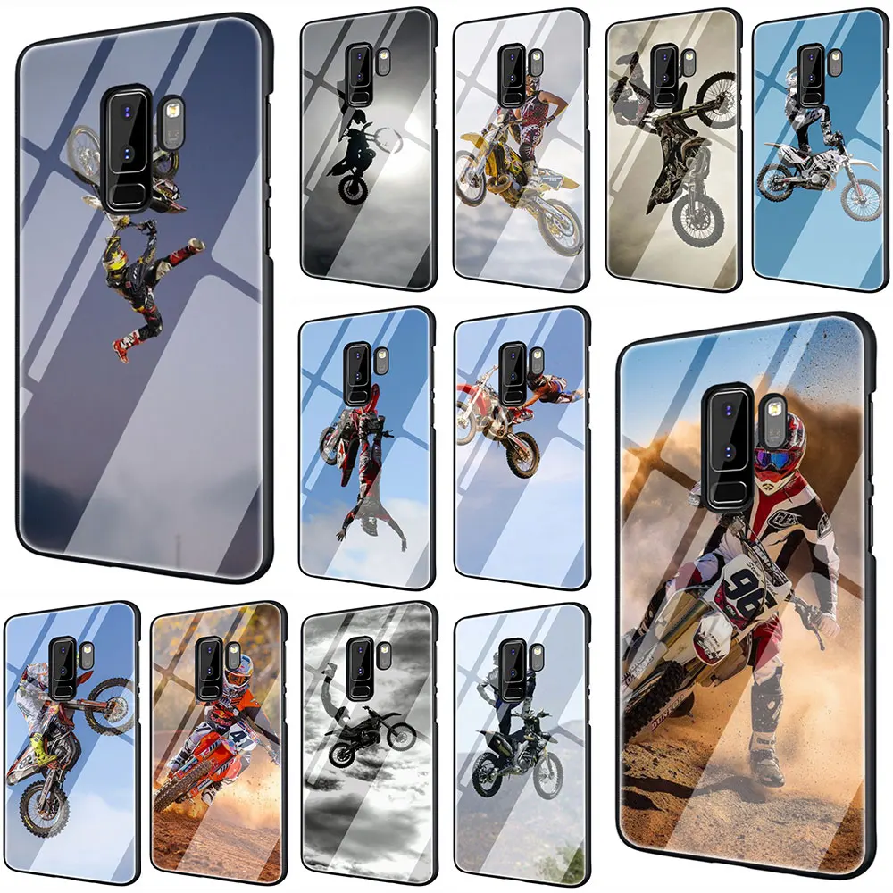 

Moto Cross Tempered Glass Phone Cover Case For Galaxy S7 edge S8 9 10 Plus Note 8 9 10 A10 20 30 40 50 60 70