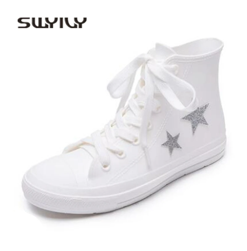 SWIYIVY Women Rubber Rain Boots 2018 High Top Casual Shoes Woman Female Waterproof Rainboots Girl Leisure Shoes 40 41 Plus Size