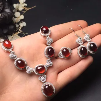 

Fine Jewelry Sets Real 925 Sterling Silver Natural Garnet Gemstones Female Jewelry Necklace Ring Sets Gemstone Jewelries Gifts
