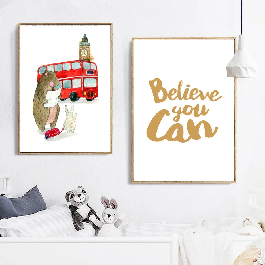 Watercolor-Bear-Rabbit-Bus-Motivational-Quotes-Wall-Art-Canvas-Painting-Nordic-Posters-And-Prints-Wall-Pictures (2)