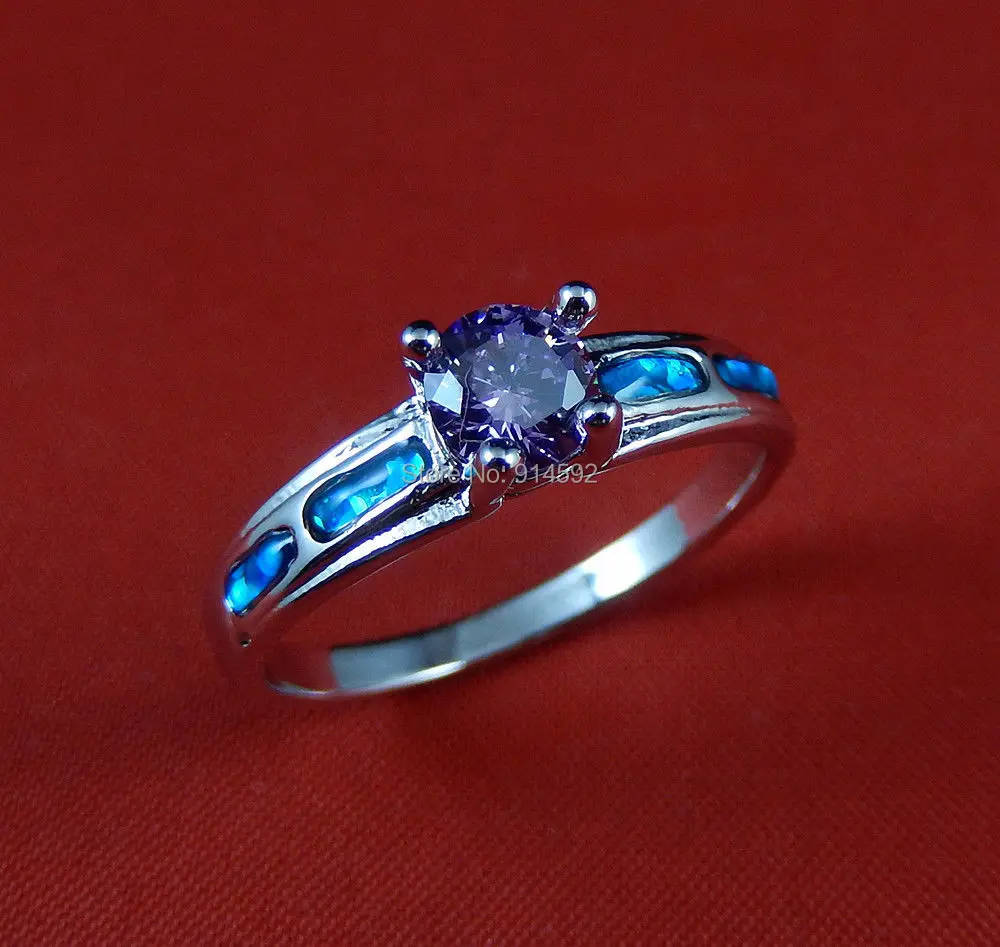 925Stering Silver Blue Fire Opal Amethyst Engagement Ring Size 7.25 8 