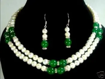 

new Style Hot sale*2 color- 2 row 7-8mm white pearl & green/red jade necklace earring set Fashion Wedding Party Jewellery