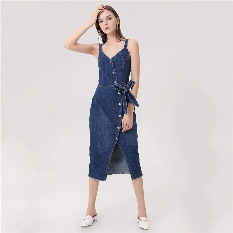 

Summer sexy denim dress female 2019 new European and American bow dark blue S-L slim sling fashion dress vestidos feminina JD194